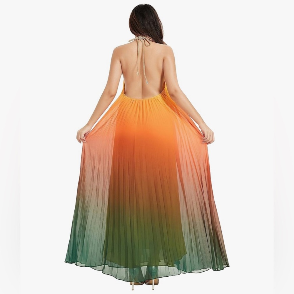 Halter Pleated Ombre Maxi Dress in Yellow, Orange & Green - Picture 3 of 4